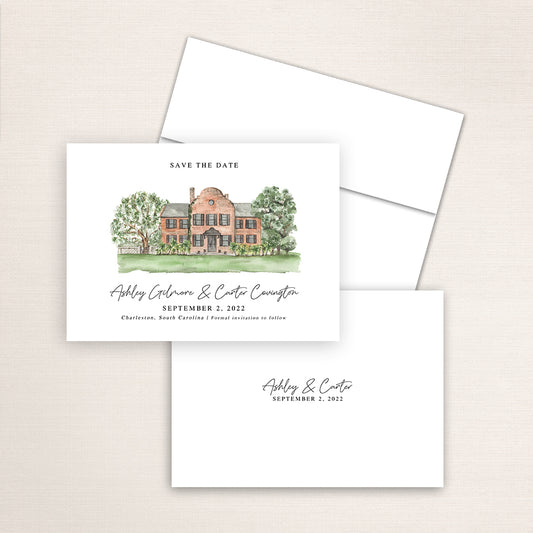 Custom watercolor Save the Date card featuring hand-painted venue illustration of Middleton Place in Charleston, South Carolina, personalized wedding stationery with elegant venue artwork. 