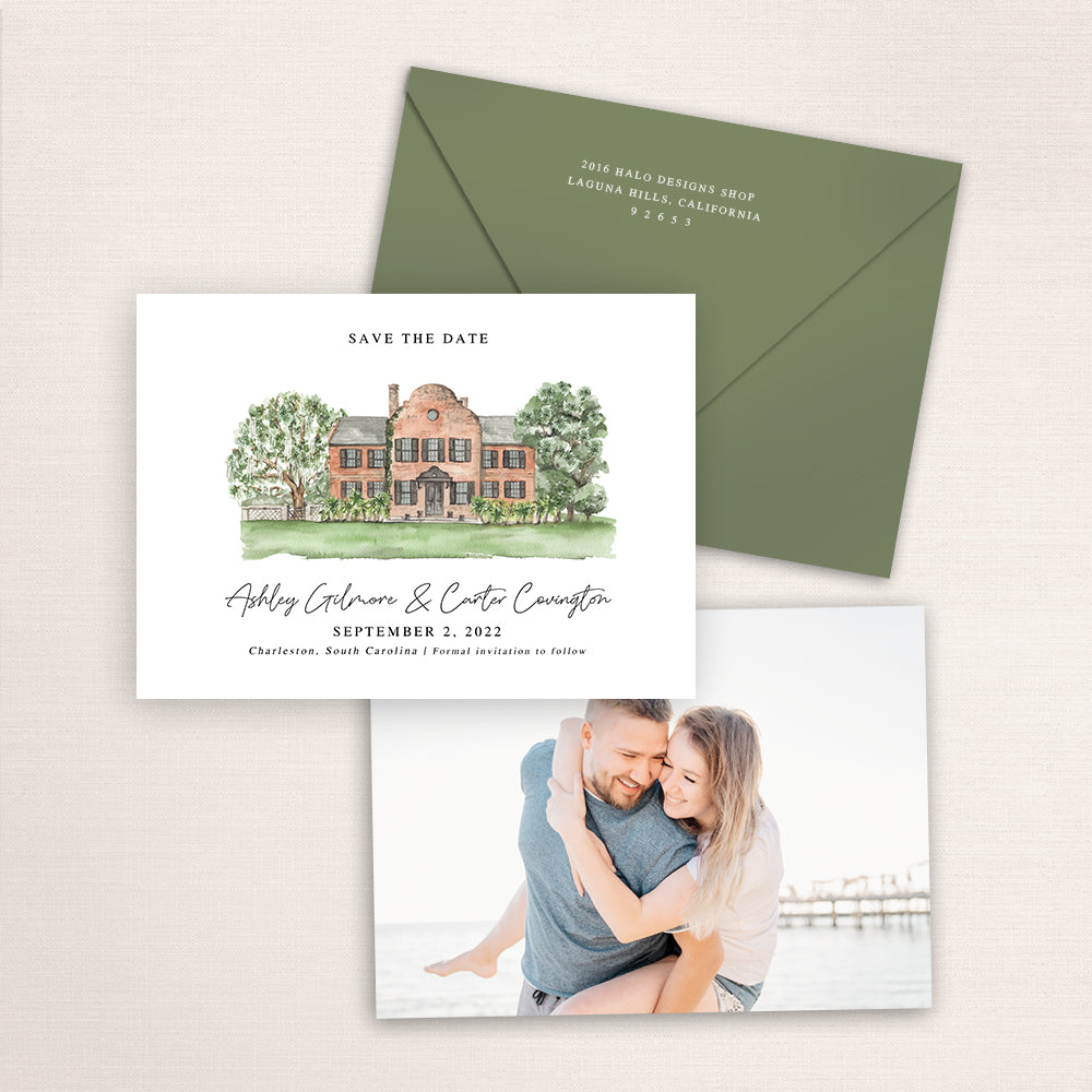 Custom watercolor Save the Date card featuring hand-painted venue illustration of Middleton Place in Charleston, South Carolina, personalized wedding stationery with elegant venue artwork with matching envelope.