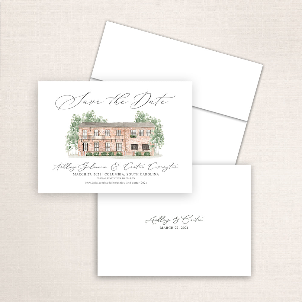 Custom watercolor Save the Date card featuring hand-painted venue illustration of Millstone at Adam's Pond in Columbia, South Carolina, personalized wedding stationery with elegant venue artwork. 