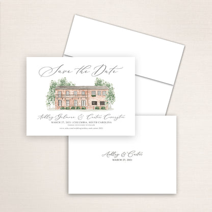 Custom watercolor Save the Date card featuring hand-painted venue illustration of Millstone at Adam's Pond in Columbia, South Carolina, personalized wedding stationery with elegant venue artwork. 