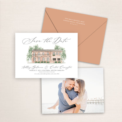 Custom watercolor Save the Date card featuring hand-painted venue illustration of Millstone at Adam's Pond in Columbia, South Carolina, personalized wedding stationery with elegant venue artwork with matching envelope.