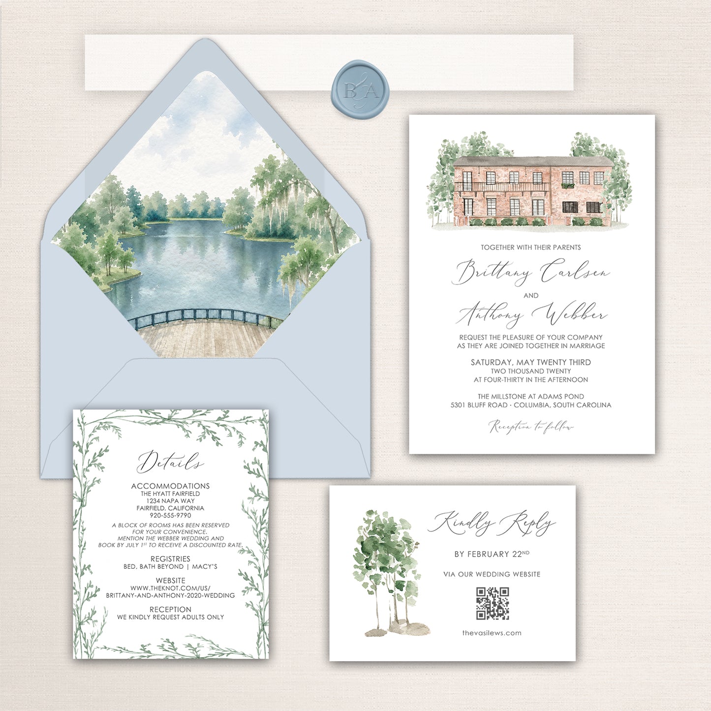 Elegant waterfront wedding invitation suite featuring a soft blue envelope with watercolor liner illustration of a serene lake and trees at Millstone at Adams Pond, formal invitation with venue illustration and romantic script typography, greenery-framed details card, and minimalist RSVP card with watercolor tree accent in soft blue, sage green, and neutral tones.