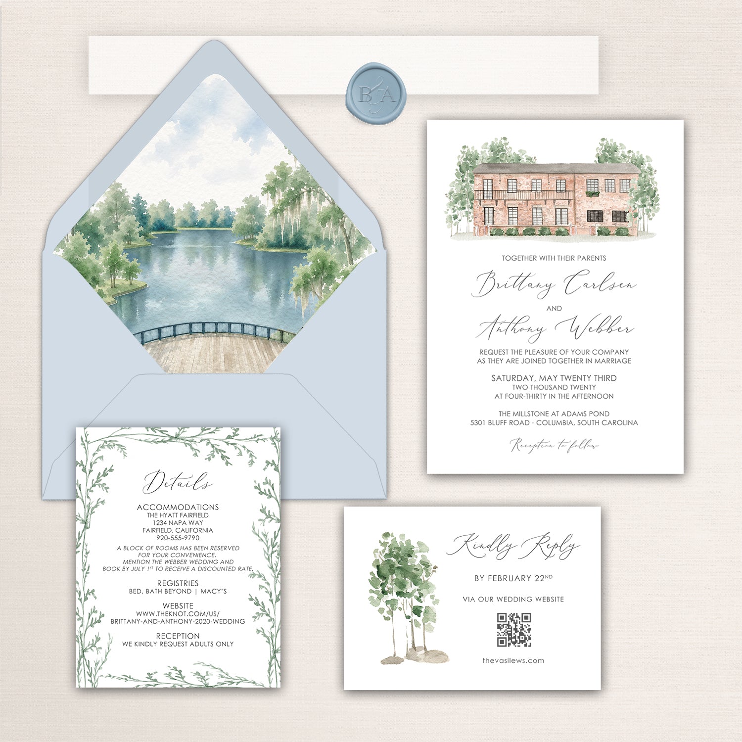 Elegant waterfront wedding invitation suite featuring a soft blue envelope with watercolor liner illustration of a serene lake and trees at Millstone at Adams Pond, formal invitation with venue illustration and romantic script typography, greenery-framed details card, and minimalist RSVP card with watercolor tree accent in soft blue, sage green, and neutral tones.