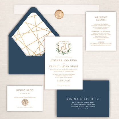 Modern elegance meets timeless style with our minimalist crest wedding invitations. Featuring bold navy accents, refined typography, and a crest design.