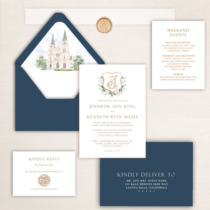 Minimalist crest wedding invitation suite with custom monogram, navy envelopes, venue envelope liner, RSVP card, and detail insert.