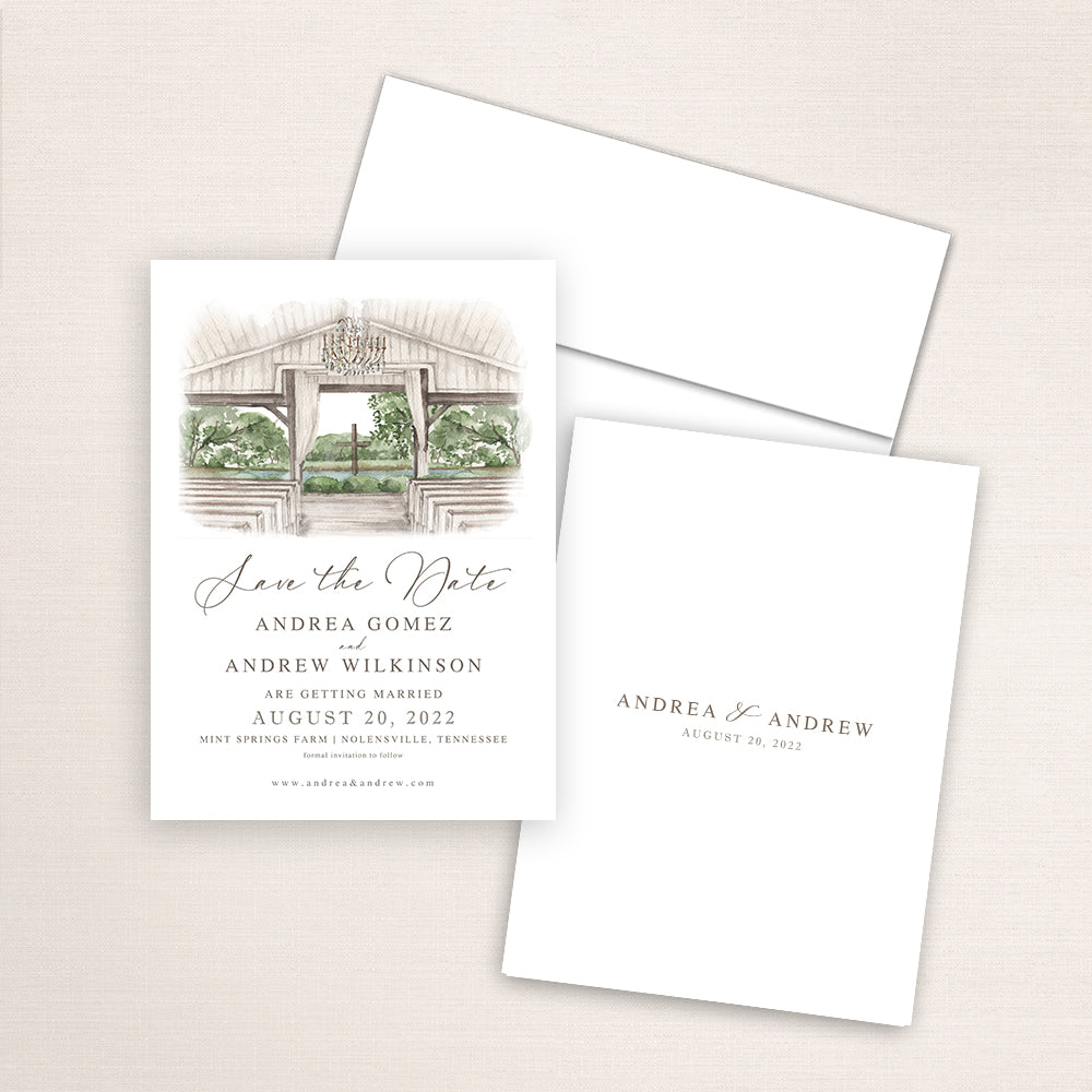Mint Springs Farm save the date featuring a soft watercolor illustration of the rustic chapel interior with wooden beams, chandelier, and cross altar in Nolensville, Tennessee, elegant script typography, and minimalist back with the couple’s names and wedding date.