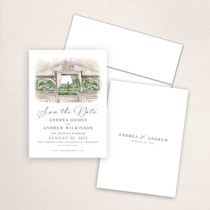Mint Springs Farm save the date featuring a soft watercolor illustration of the rustic chapel interior with wooden beams, chandelier, and cross altar in Nolensville, Tennessee, elegant script typography, and minimalist back with the couple’s names and wedding date.