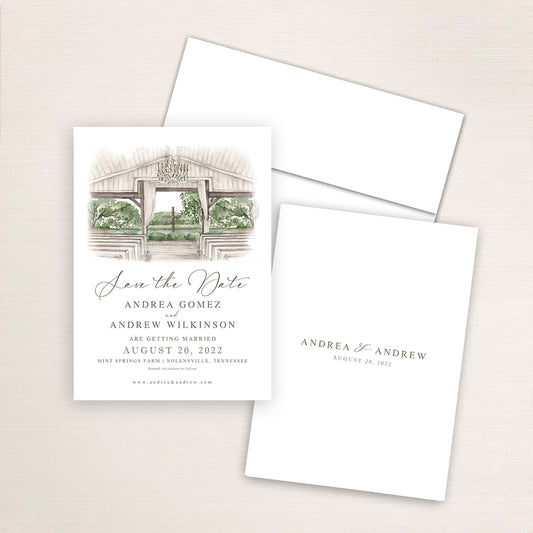 Mint Springs Farm save the date featuring a soft watercolor illustration of the rustic chapel interior with wooden beams, chandelier, and cross altar in Nolensville, Tennessee, elegant script typography, and minimalist back with the couple’s names and wedding date.