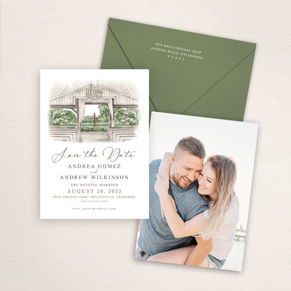 Mint Springs Farm wedding save the date with detailed watercolor venue illustration of the chapel interior, coordinating sage envelope, refined calligraphy text, and engagement photo printed on the back.