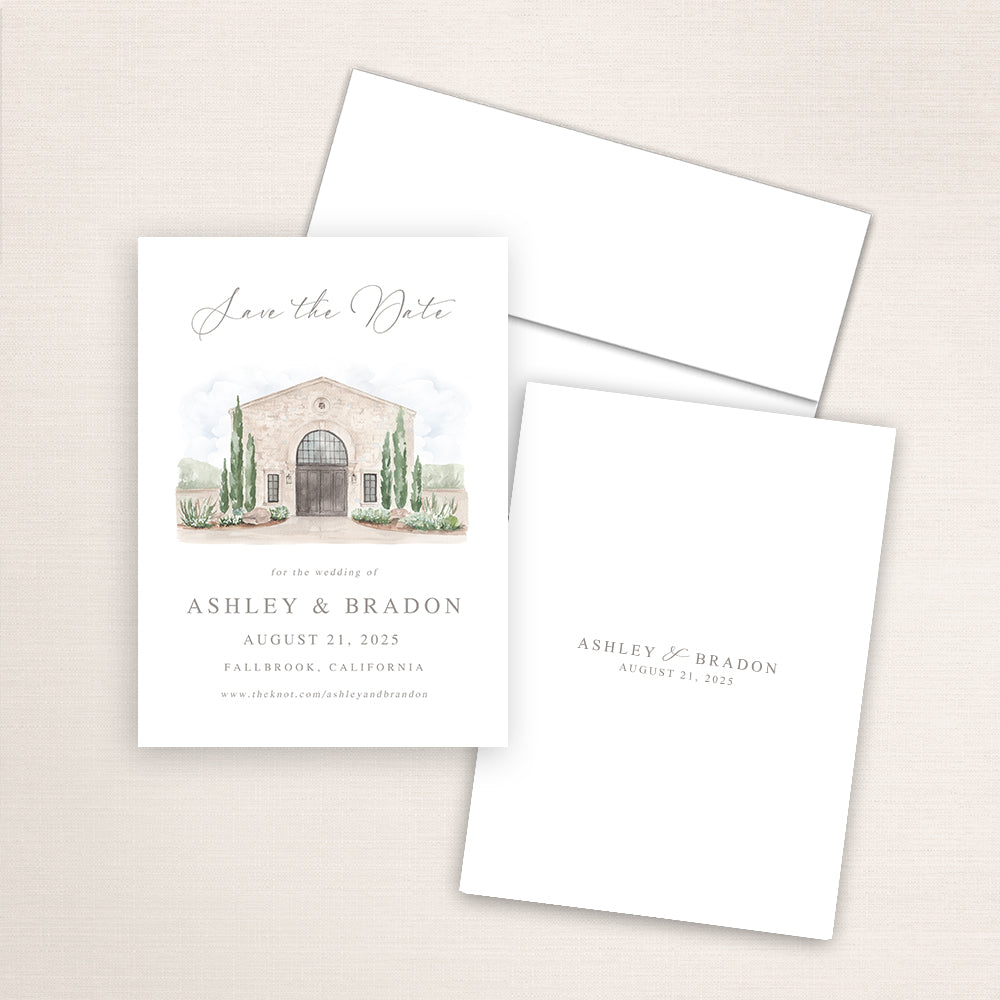 Custom watercolor Save the Date card featuring hand-painted venue illustration of Monserate Winery in Fallbrook, California, personalized wedding stationery with elegant venue artwork. 