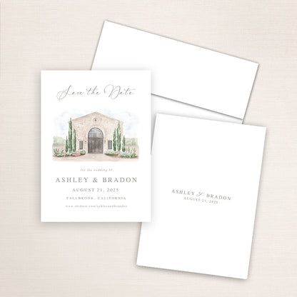Custom watercolor Save the Date card featuring hand-painted venue illustration of Monserate Winery in Fallbrook, California, personalized wedding stationery with elegant venue artwork. 