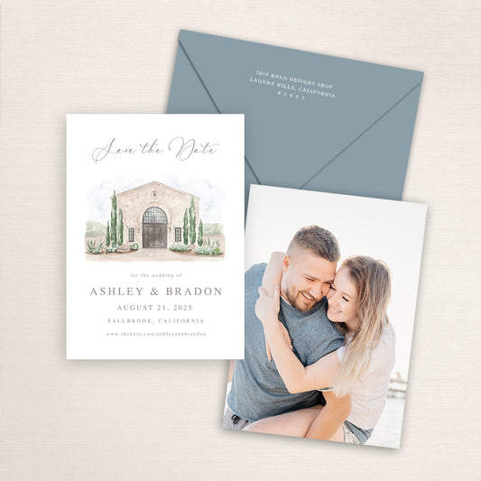 Custom watercolor Save the Date card featuring hand-painted venue illustration of Monserate Winery in Fallbrook, California, personalized wedding stationery with elegant venue artwork with matching envelope.