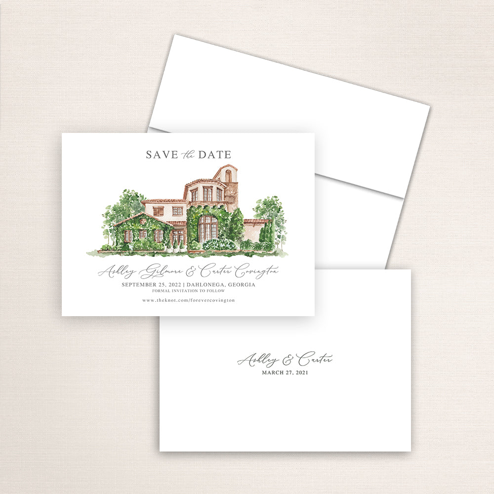 Custom watercolor Save the Date card featuring hand-painted venue illustration of Montaluce Winery in Dahlonega, Georgia, personalized wedding stationery with elegant venue artwork. 