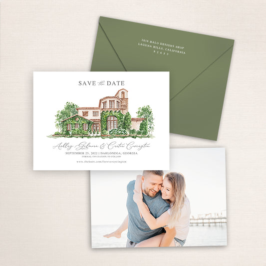 Custom watercolor Save the Date card featuring hand-painted venue illustration of Montaluce Winery in Dahlonega, Georgia, personalized wedding stationery with elegant venue artwork with matching envelope.
