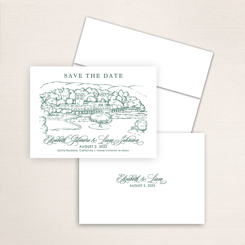 Hand-drawn illustration of the Montecito Club in Santa Barbara, California, printed on a save the date announcement with a photo on the back and matching envelopes.