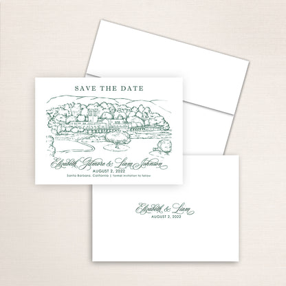 Hand-drawn illustration of the Montecito Club in Santa Barbara, California, printed on a save the date announcement with a photo on the back and matching envelopes.