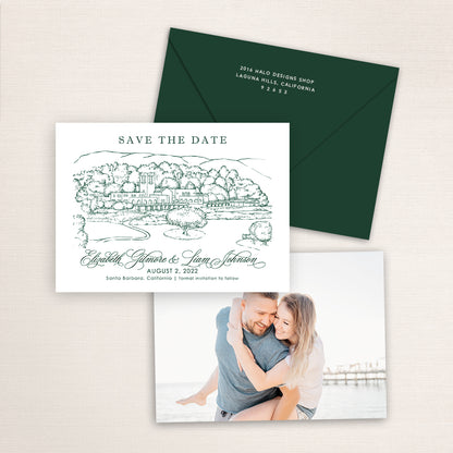 Hand-drawn sketch of the Montecito Club in Santa Barbara, California, printed on a save the date announcement with a photo on the back and matching envelopes.
