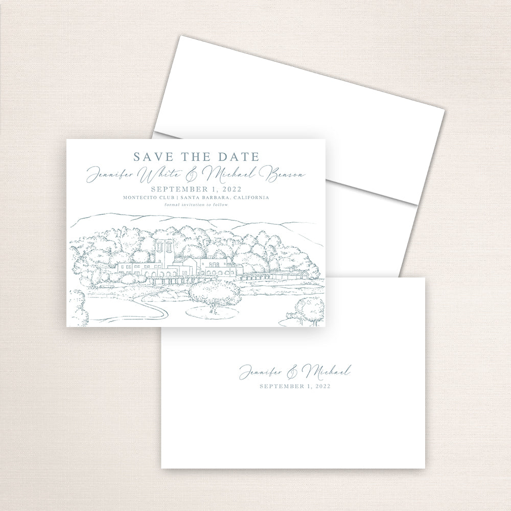 Montecito Club wedding save the date with detailed architectural line drawing of the Santa Barbara country club, elegant script names, and minimalist back printed with the couple’s names and wedding date.