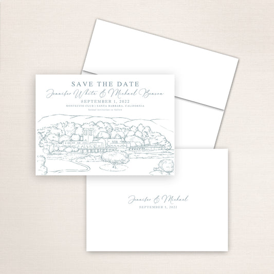 Montecito Club wedding save the date with detailed architectural line drawing of the Santa Barbara country club, elegant script names, and minimalist back printed with the couple’s names and wedding date.