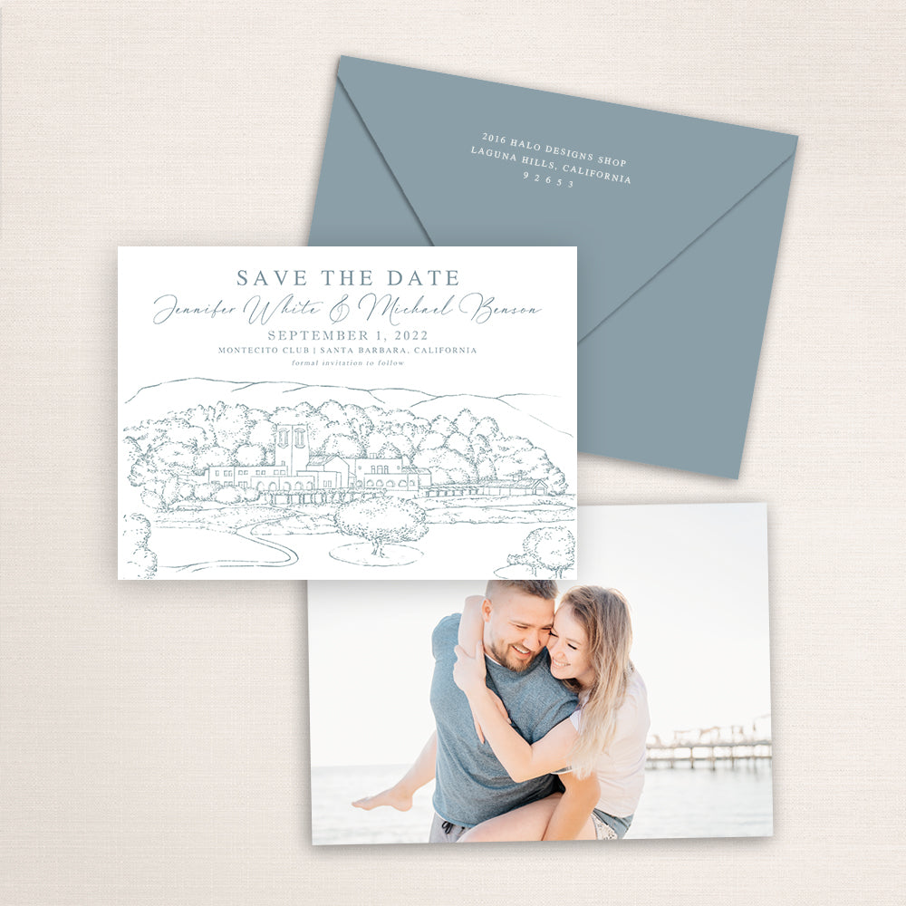 Montecito Club save the date featuring a fine line illustration of the Santa Barbara, California venue with mountain backdrop, soft blue typography, coordinating blue envelope, and engagement photo printed on the back.