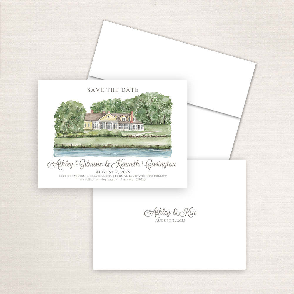 Myopia Hunt Club save the date featuring a hand-painted watercolor illustration of the historic clubhouse overlooking the water in South Hamilton, Massachusetts, elegant script typography, and minimalist back printed with the couple’s names and wedding date.