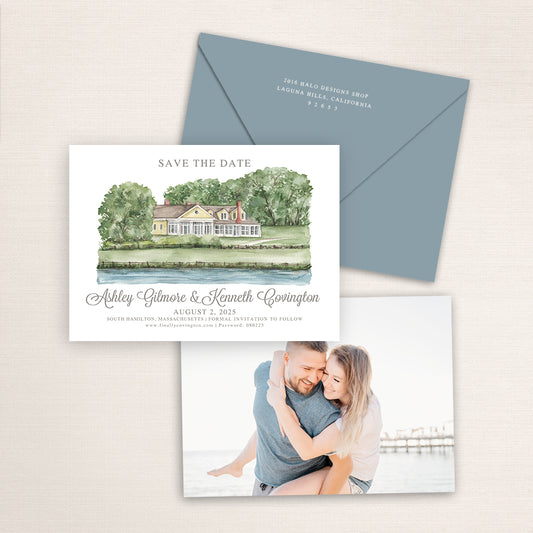 Myopia Hunt Club wedding save the date with detailed watercolor venue illustration of the Massachusetts waterfront clubhouse, coordinating blue envelope, refined typography, and engagement photo printed on the back.