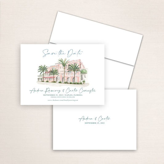 Custom watercolor Save the Date card featuring hand-painted venue illustration of downtown Naples in Florida, personalized wedding stationery with elegant venue artwork. 