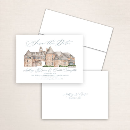 Custom watercolor Save the Date card featuring hand-painted venue illustration of the Narragansett Towers in Rhode Island personalized wedding stationery with elegant venue artwork. 