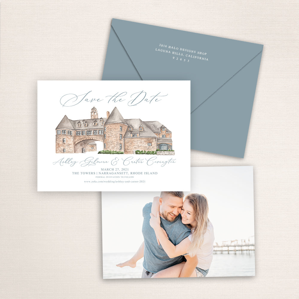 Custom watercolor Save the Date card featuring hand-painted venue illustration of the Narragansett Towers in Rhode Island personalized wedding stationery with elegant venue artwork with matching envelope.