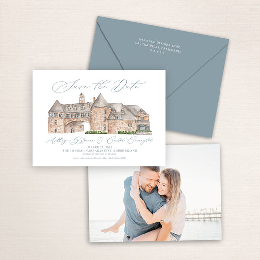 Custom watercolor Save the Date card featuring hand-painted venue illustration of the Narragansett Towers in Rhode Island personalized wedding stationery with elegant venue artwork with matching envelope.