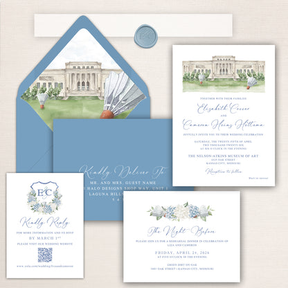 Refined Nelson-Atkins Museum of Art wedding invitation suite featuring a watercolor envelope liner of the Kansas City museum and shuttlecock sculptures, powder blue envelope with monogram wax seal, formal invitation with hydrangea floral crest, rehearsal dinner insert card, QR code RSVP card, and coordinating blue mailing envelope in elegant soft blue and neutral tones.