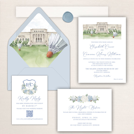 Elegant Nelson-Atkins Museum of Art wedding invitation suite featuring a powder blue envelope with watercolor liner illustration of the museum and oversized badminton shuttlecocks, formal invitation with blue floral crest and script typography, rehearsal dinner card with hydrangea artwork, and QR code RSVP card in soft blue, sage, and neutral tones.