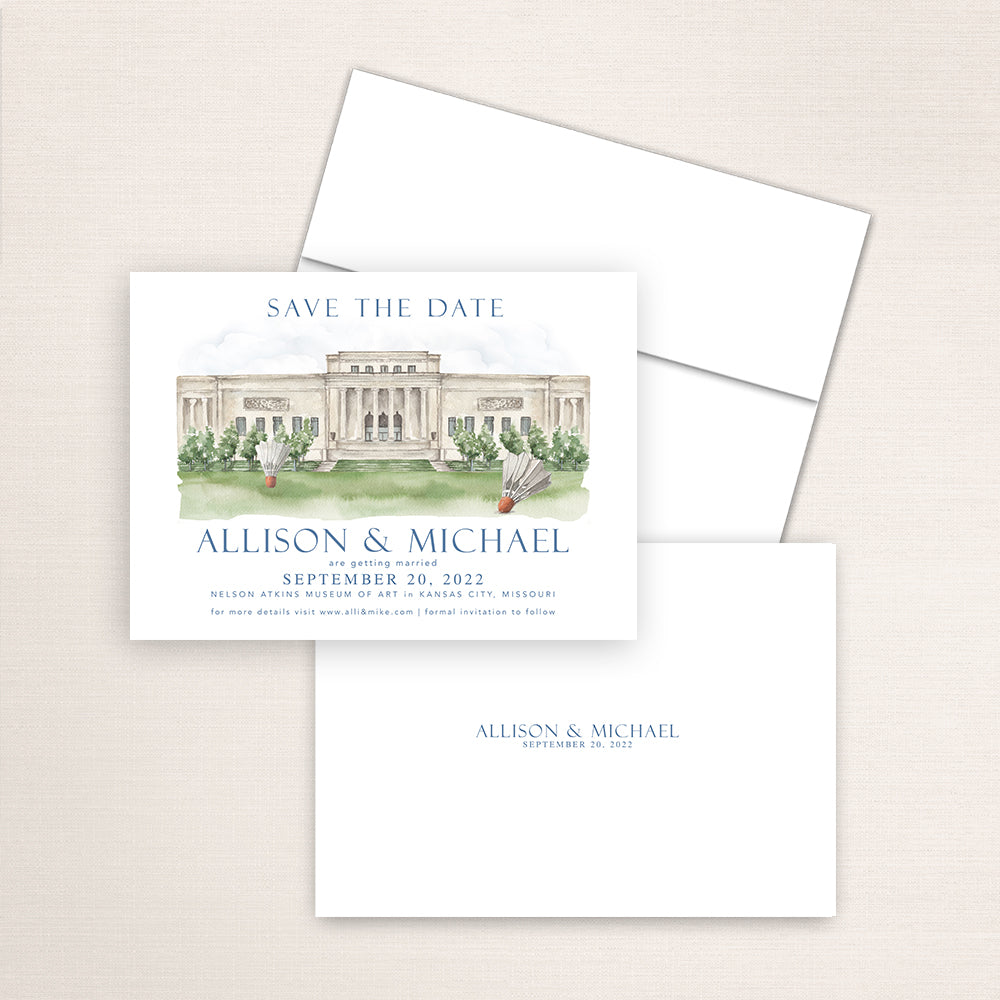 Nelson-Atkins Museum of Art save the date featuring a hand-painted watercolor illustration of the neoclassical museum façade with lawn and badminton shuttlecock sculptures in Kansas City, Missouri, elegant blue typography, and minimalist back with the couple’s names and wedding date.