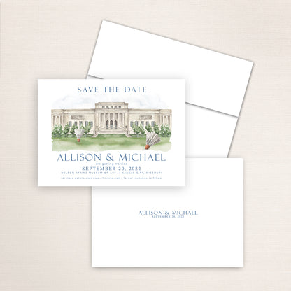 Nelson-Atkins Museum of Art save the date featuring a hand-painted watercolor illustration of the neoclassical museum façade with lawn and badminton shuttlecock sculptures in Kansas City, Missouri, elegant blue typography, and minimalist back with the couple’s names and wedding date.