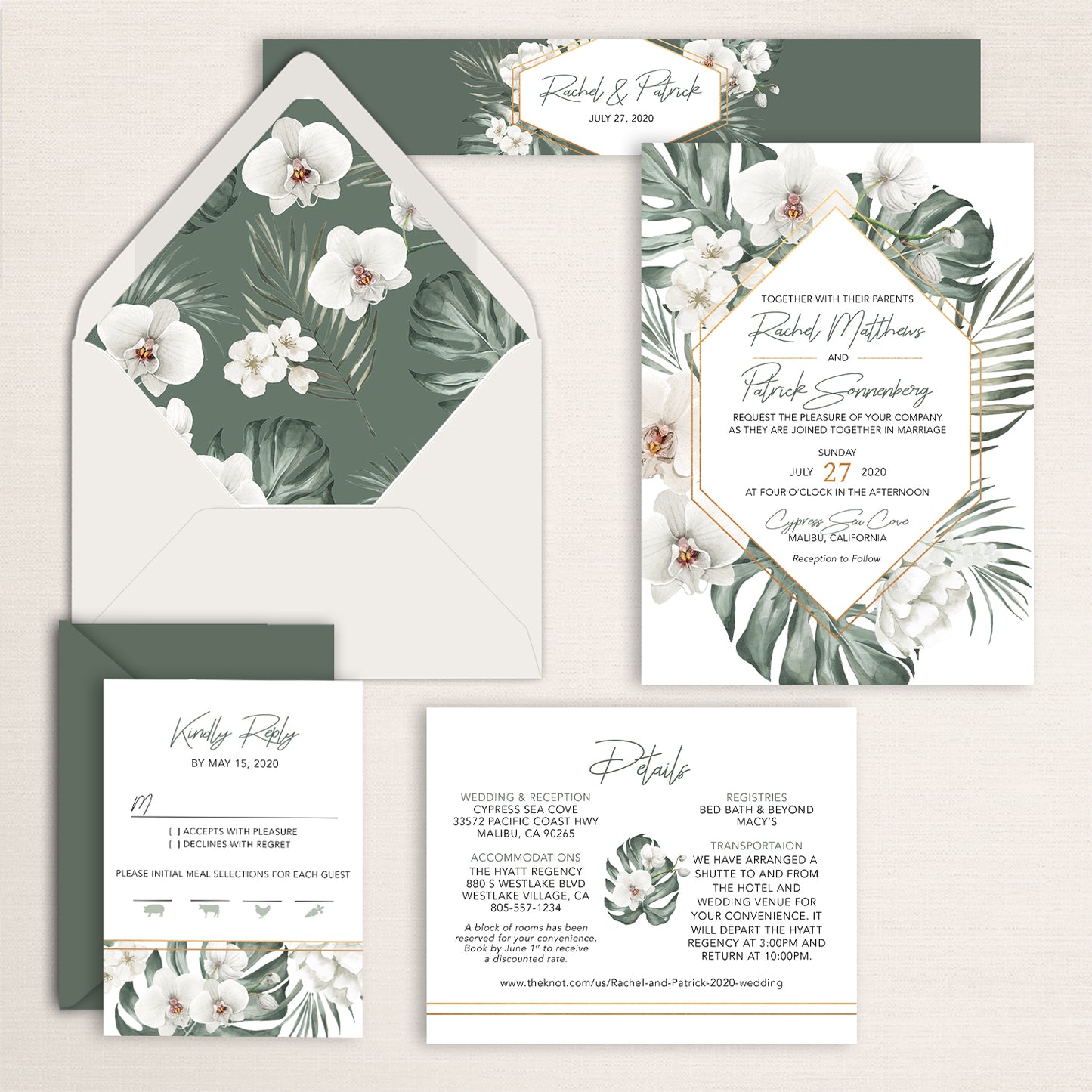White orchid wedding invitation suite featuring orchids, palm and monstera leaves, modern geometric accents, RSVP card, details card, and a matching envelope liner and belly band to bundle it all together.