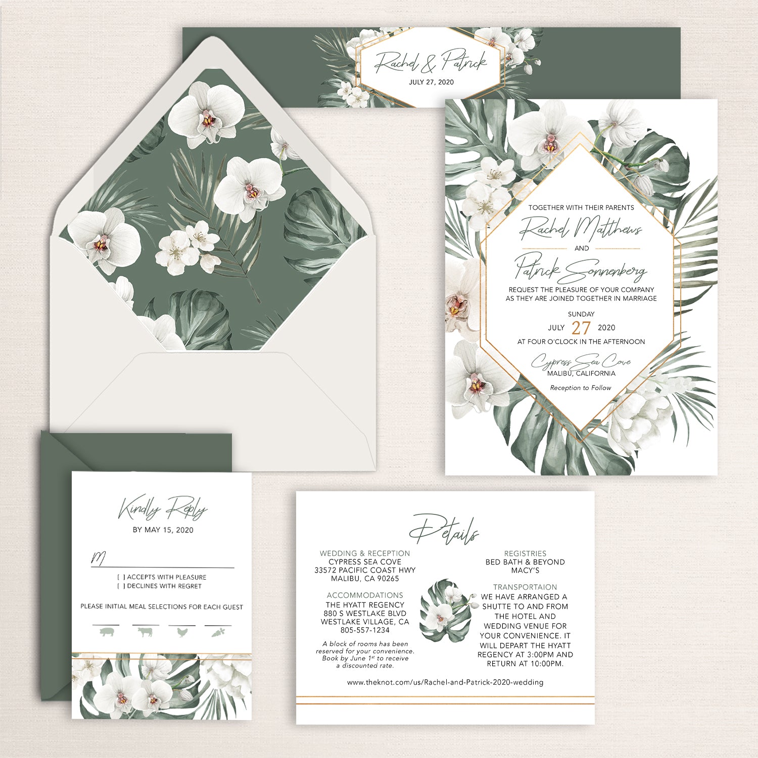 White orchid wedding invitation suite featuring orchids, palm and monstera leaves, modern geometric accents, RSVP card, details card, and a matching envelope liner and belly band to bundle it all together.