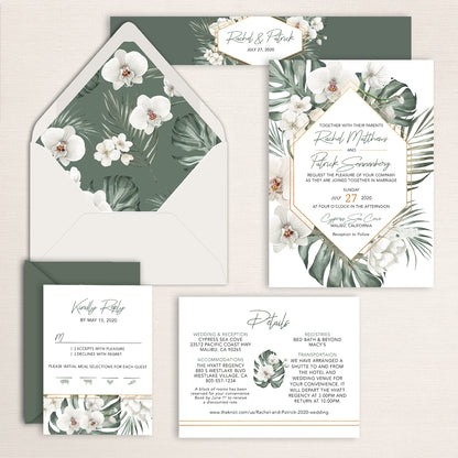White orchid wedding invitation suite featuring orchids, palm and monstera leaves, modern geometric accents, RSVP card, details card, and a matching envelope liner and belly band to bundle it all together.