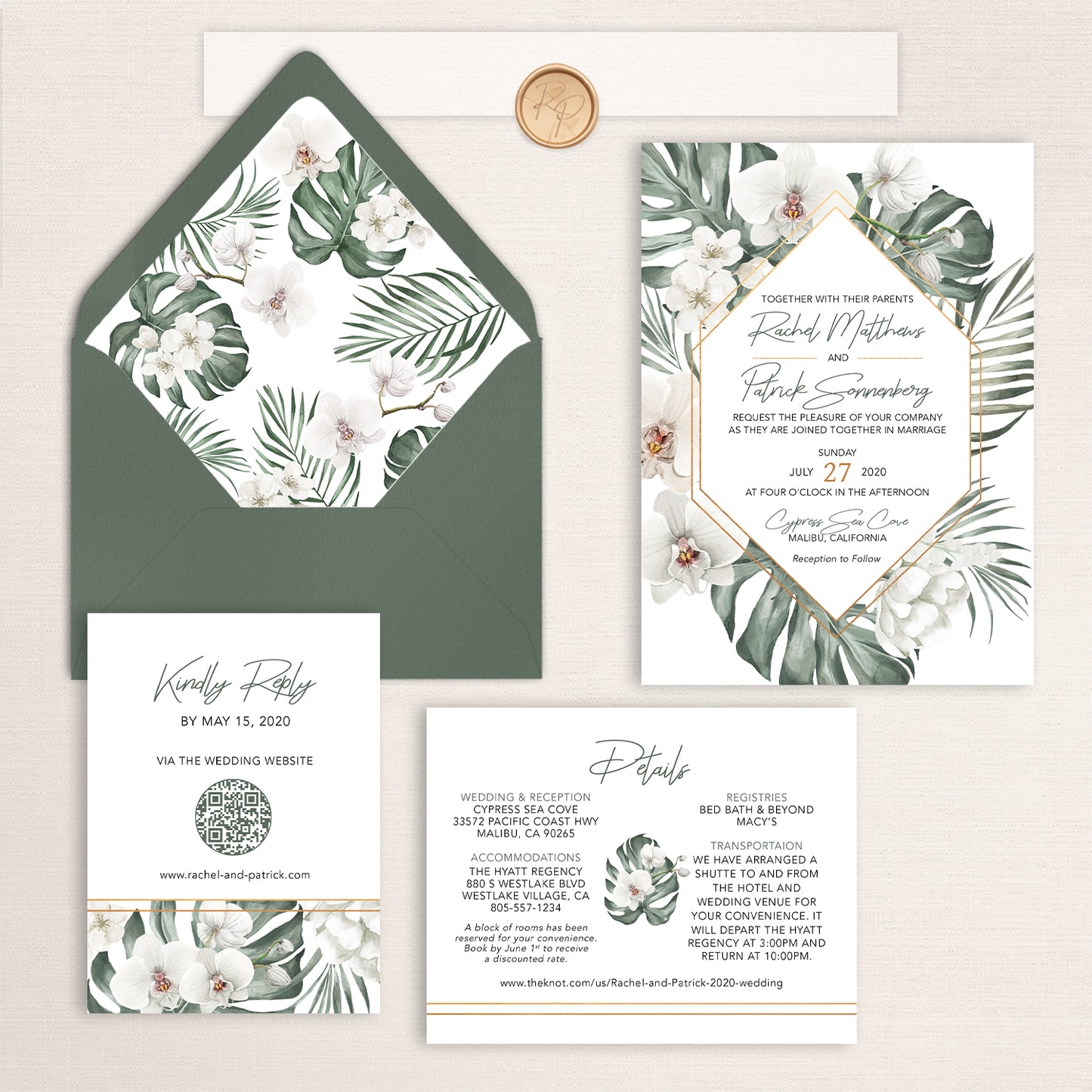 Neutral orchid wedding invitation suite featuring white orchids, tropical greenery, modern geometric accents, RSVP card, details card, and matching envelope liner and a wax seal.