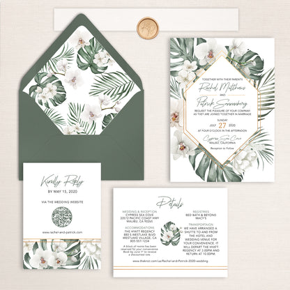 Neutral orchid wedding invitation suite featuring white orchids, tropical greenery, modern geometric accents, RSVP card, details card, and matching envelope liner and a wax seal.