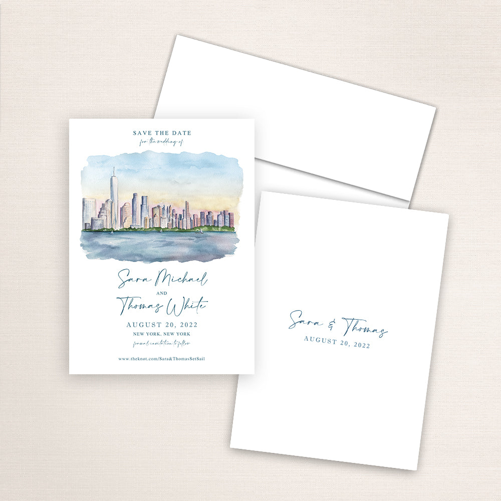 Custom watercolor Save the Date card featuring hand-painted venue illustration of the New York City skyline, personalized wedding stationery with elegant venue artwork. 
