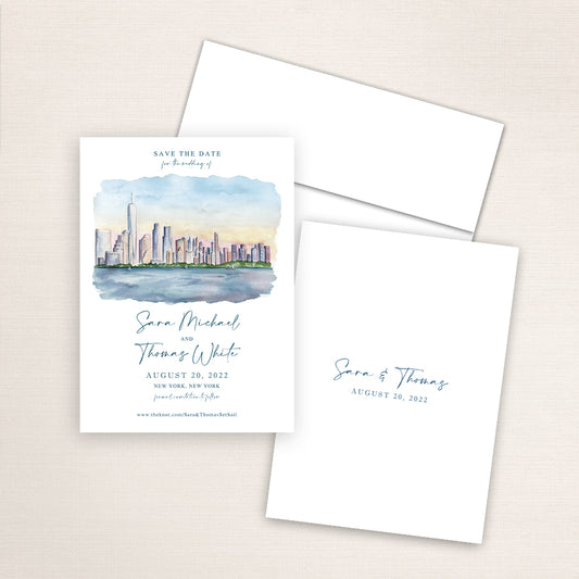 Custom watercolor Save the Date card featuring hand-painted venue illustration of the New York City skyline, personalized wedding stationery with elegant venue artwork. 