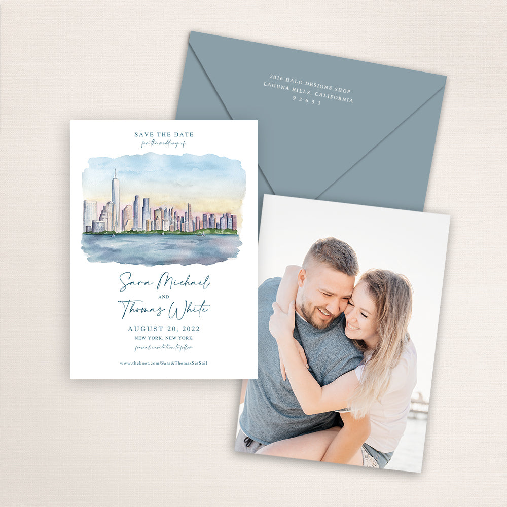 Custom watercolor Save the Date card featuring hand-painted venue illustration of the New York City skyline, personalized wedding stationery with elegant venue artwork with matching envelope.