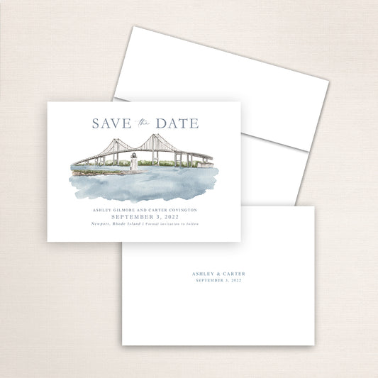 Custom watercolor Save the Date card featuring hand-painted venue illustration of Newport Bridge in Newport, Rhode Island, personalized wedding stationery with elegant venue artwork.