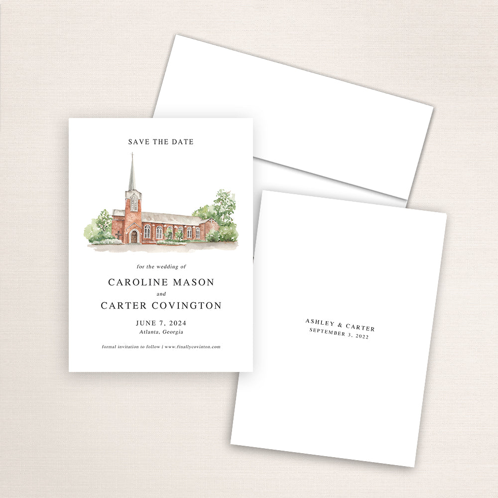 Custom watercolor Save the Date card featuring hand-painted venue illustration of Northside United Methodist Church  in Atlanta, Georgia, personalized wedding stationery with elegant venue artwork. 