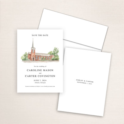 Custom watercolor Save the Date card featuring hand-painted venue illustration of Northside United Methodist Church  in Atlanta, Georgia, personalized wedding stationery with elegant venue artwork. 