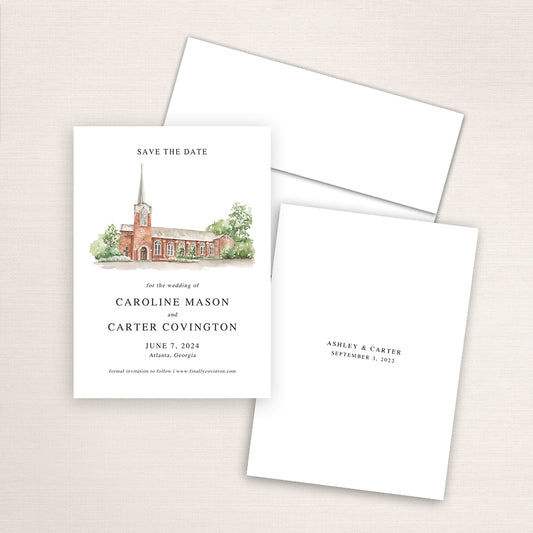 Custom watercolor Save the Date card featuring hand-painted venue illustration of Northside United Methodist Church  in Atlanta, Georgia, personalized wedding stationery with elegant venue artwork. 