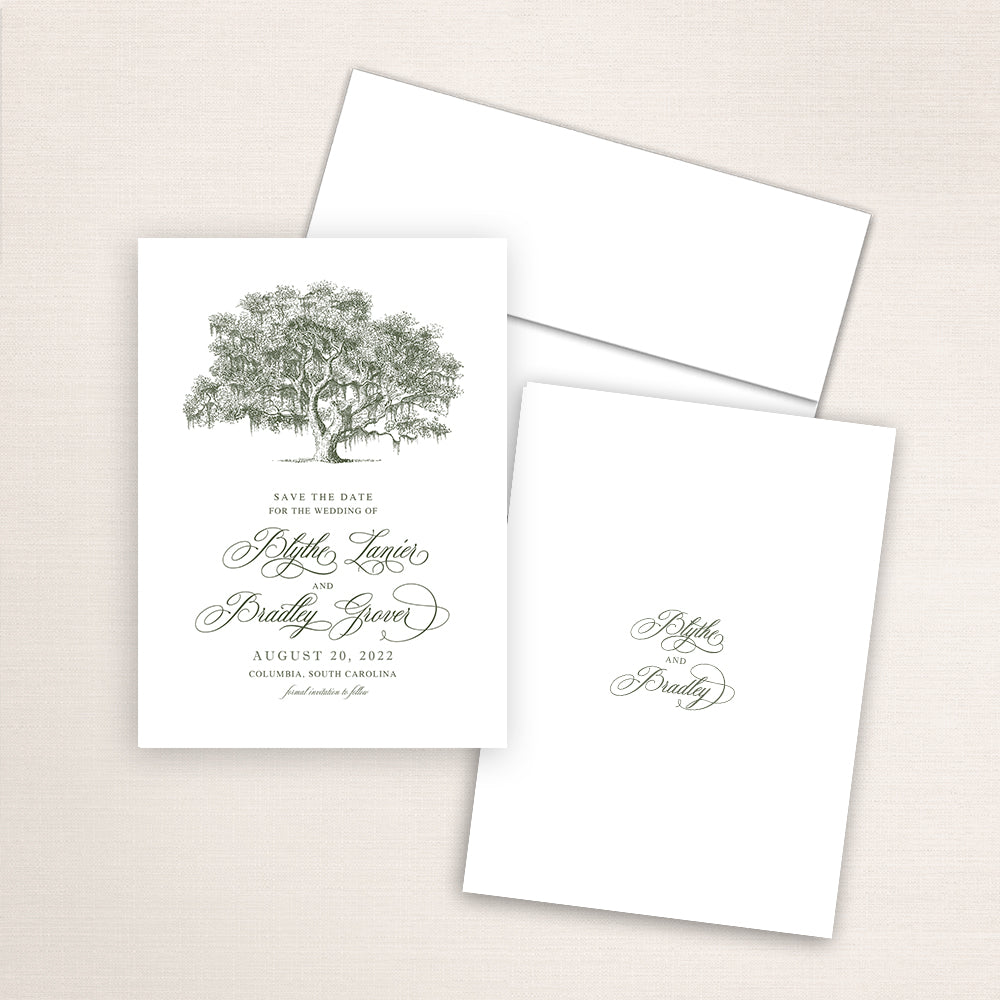 Custom watercolor Save the Date card featuring hand-drawn illustration of a live Oak tree covered in Spanish moss. Personalized wedding stationery with a live oak drawing. 
