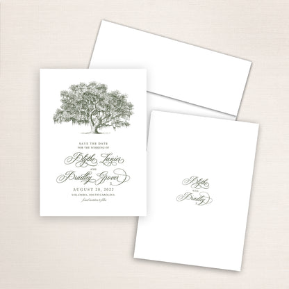 Custom watercolor Save the Date card featuring hand-drawn illustration of a live Oak tree covered in Spanish moss. Personalized wedding stationery with a live oak drawing. 