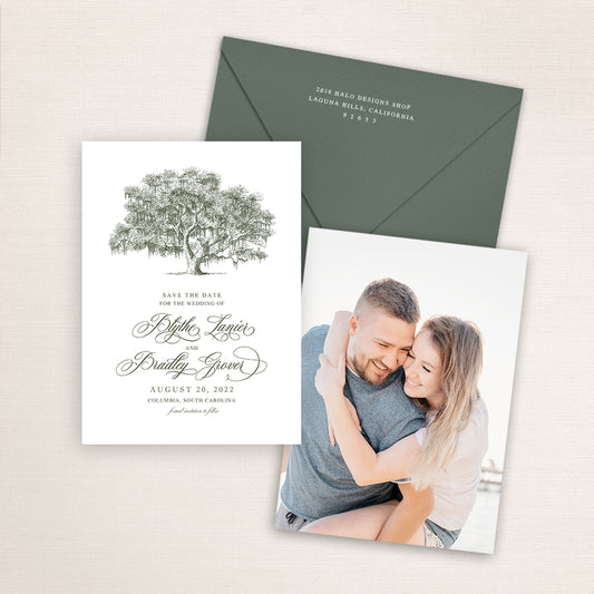 Custom watercolor Save the Date card featuring hand-drawn illustration of a live Oak tree covered in Spanish moss. Personalized wedding stationery with a live oak drawing and matching envelopes.