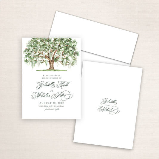Detailed Live Oak tree watercolor Save the Date card featuring a hand-painted  illustration of a Live Southern Oak Tree covered in Spanish Moss. Personalized wedding stationery with beautiful tree artwork. 
